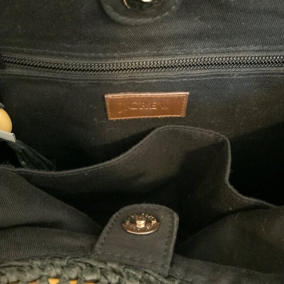 J. Crew Black Straw Hobo Bag Tote Double Bamboo Handles Large - Picture 8 of 9